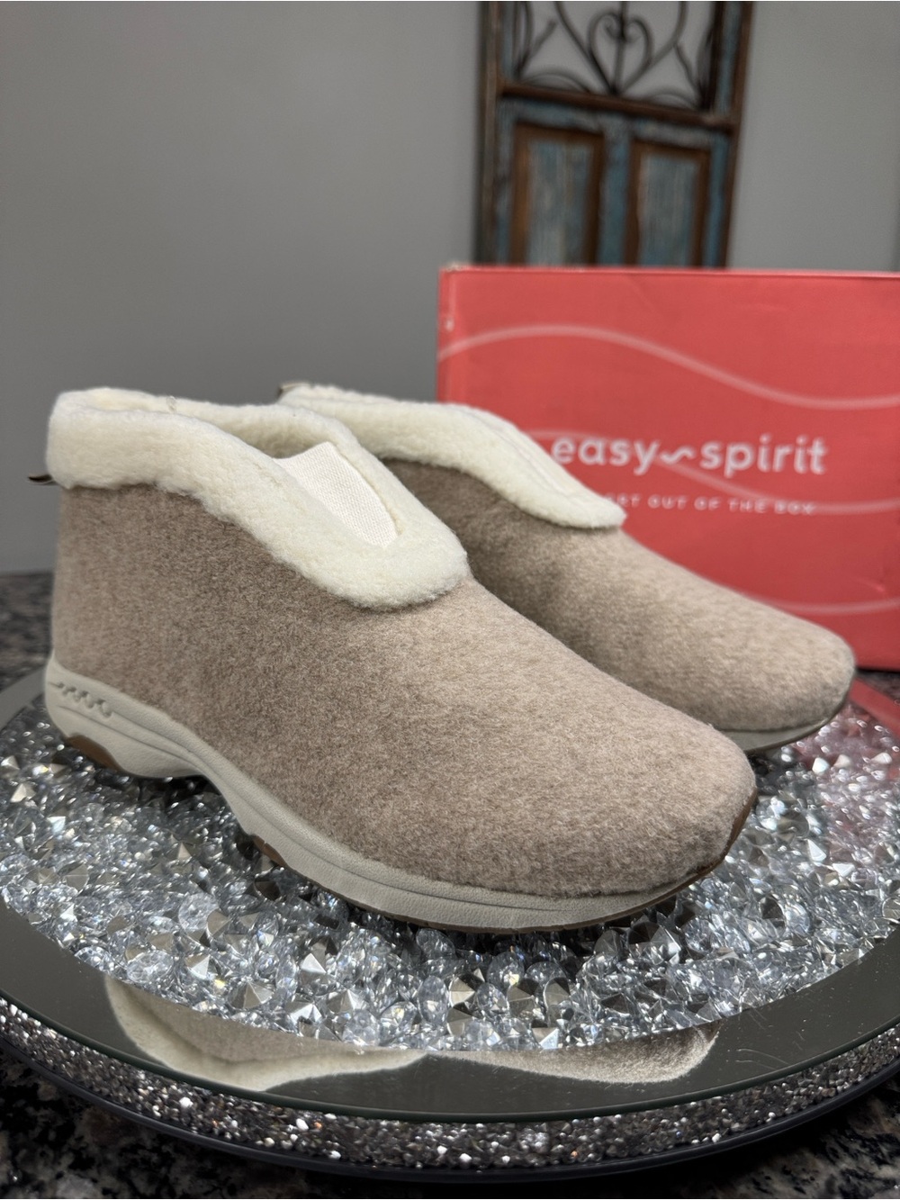 Easy Spirit Taupe Fleece-Trim Slip-On Cozy Slipper sneakers NEW 7.5